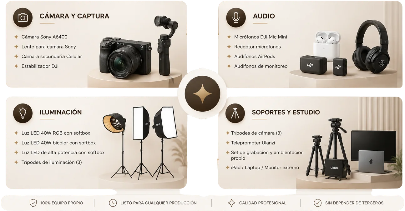 Equipo de producción propio: cámara Sony A6400, micrófonos DJI, luces LED con softbox, trípodes, teleprompter y estudio